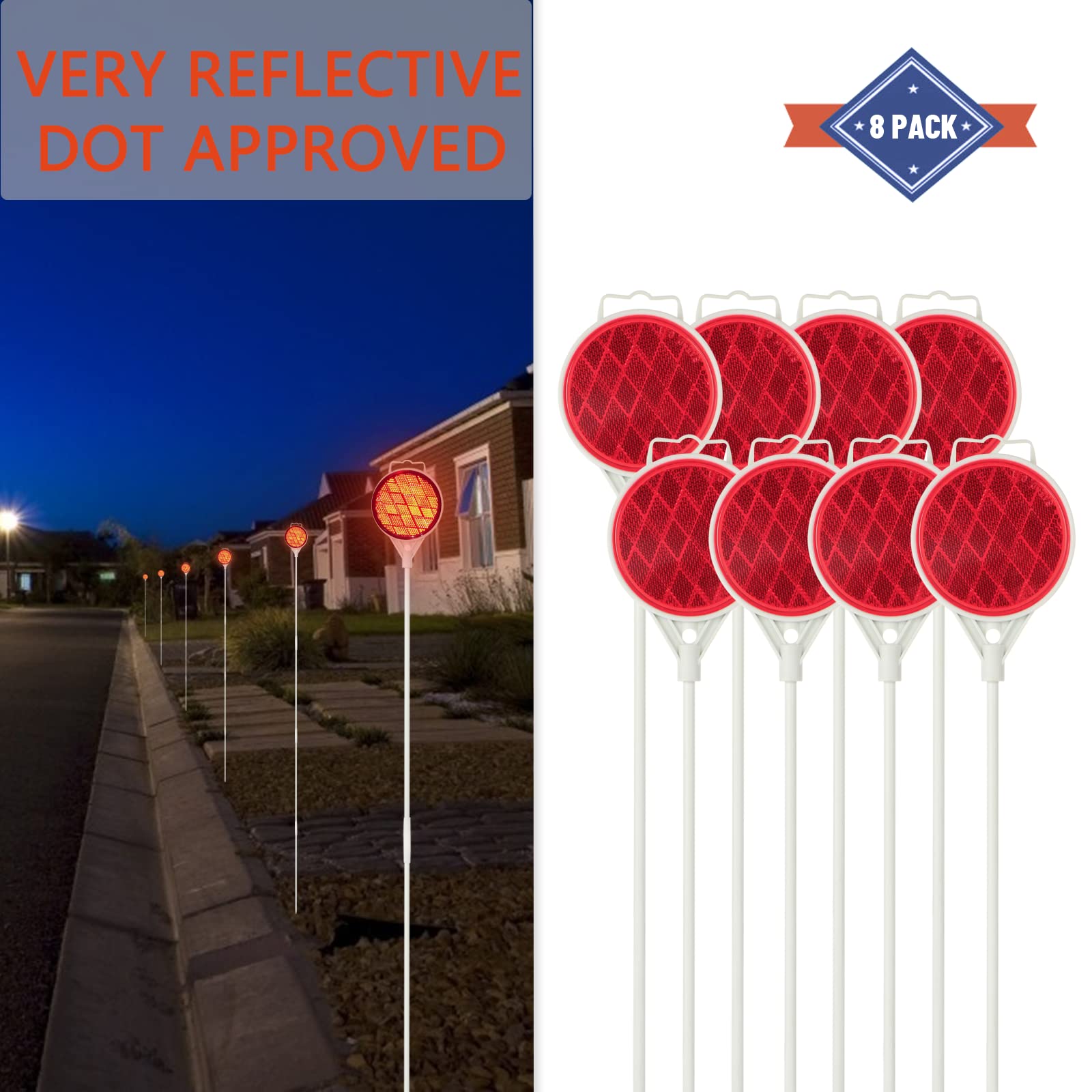 Reflective Driveway Markers, Reflectors for Driveway Entrance, Snow Plow Markers, 51 Inch Fiberglass Pole Double Sided Reflector for Driveway (Pack of 8)