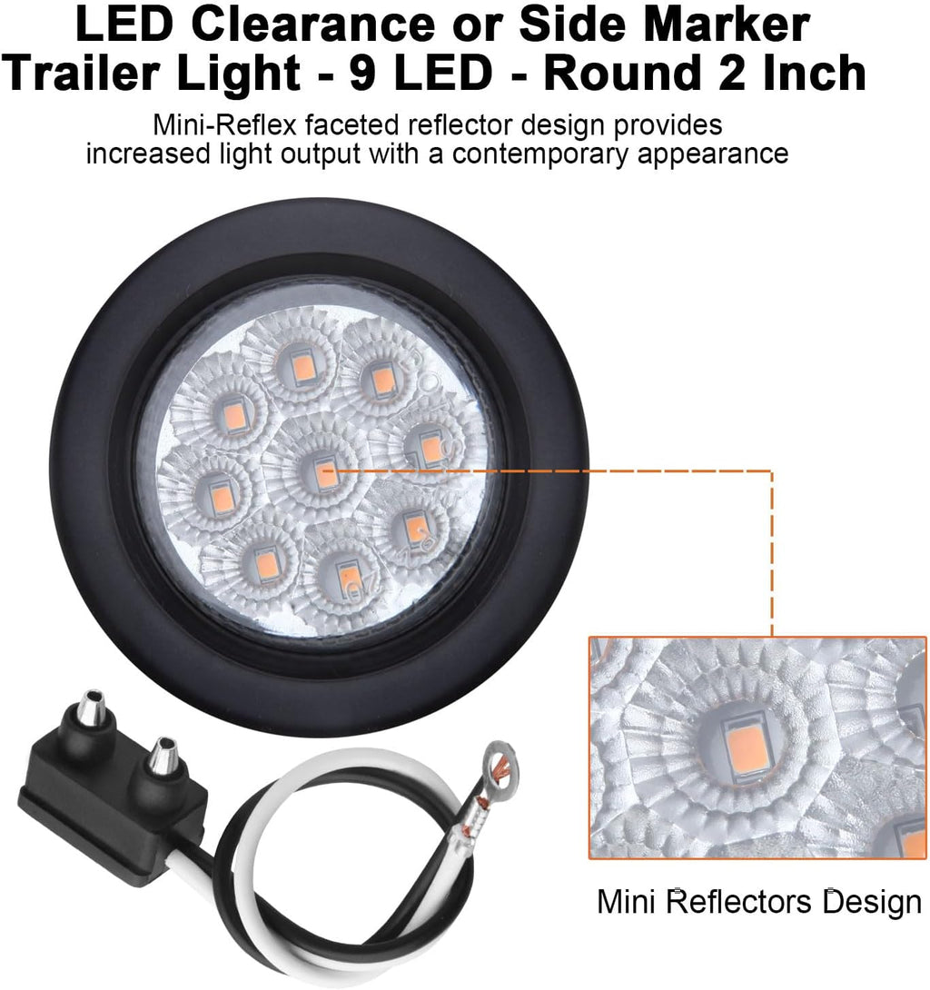 10Pcs 2” Inch Round Led Marker Lights 9 Amber LED Reflectors Clear Lens, 2 Inch Round LED Truck Trailer Clearance Side Marker Lights w/Light Grommets and 2 Prong Trailer Wire Pigtails 12V Waterproof