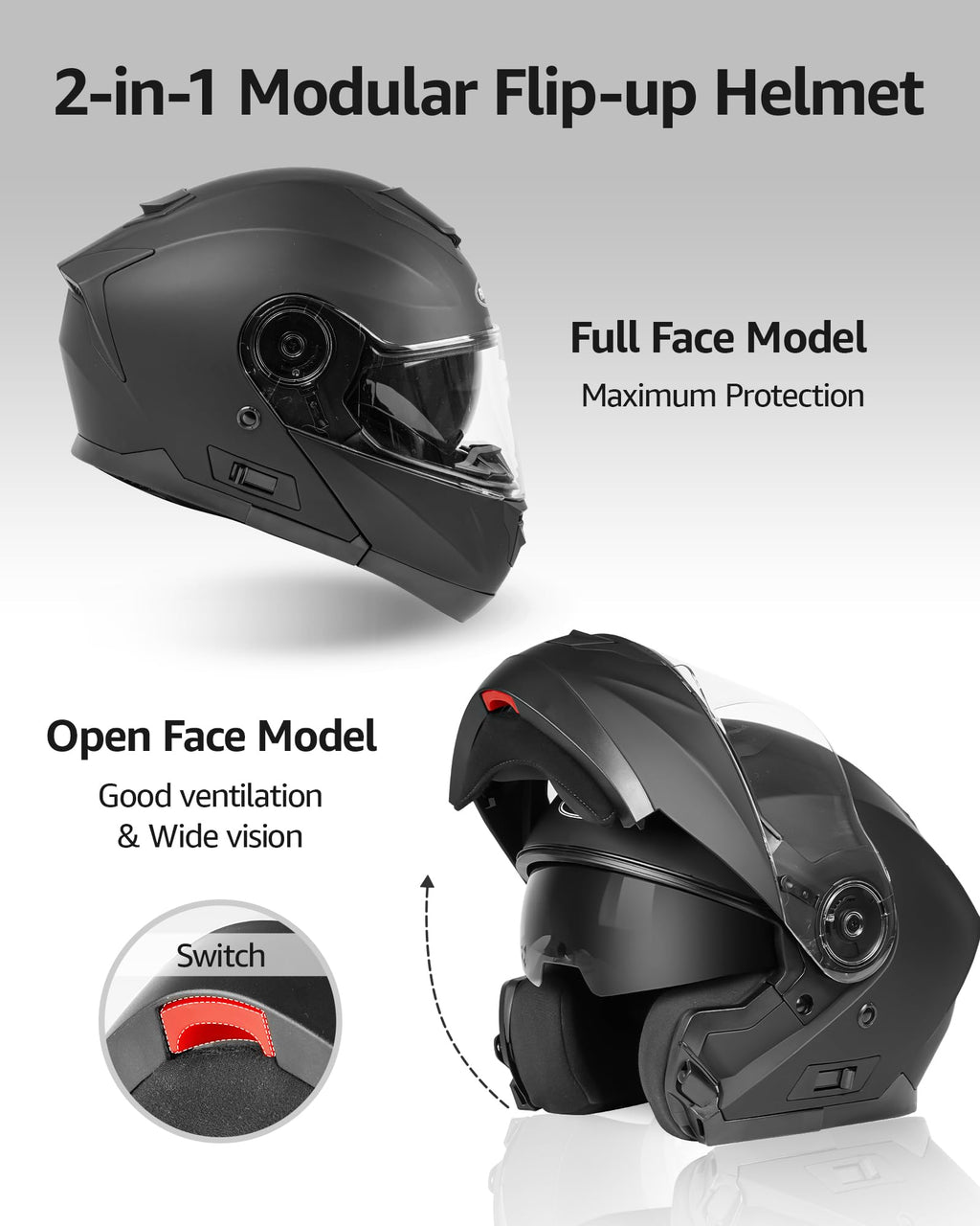YEMA Modular Motorcycle Helmets, DOT Approved Full Face Motorcycle Helmet with Flip Up Dual Visor, Helmets for Adults Men Women Helmets for Street Scooter ATV E-Bike - YM-926
