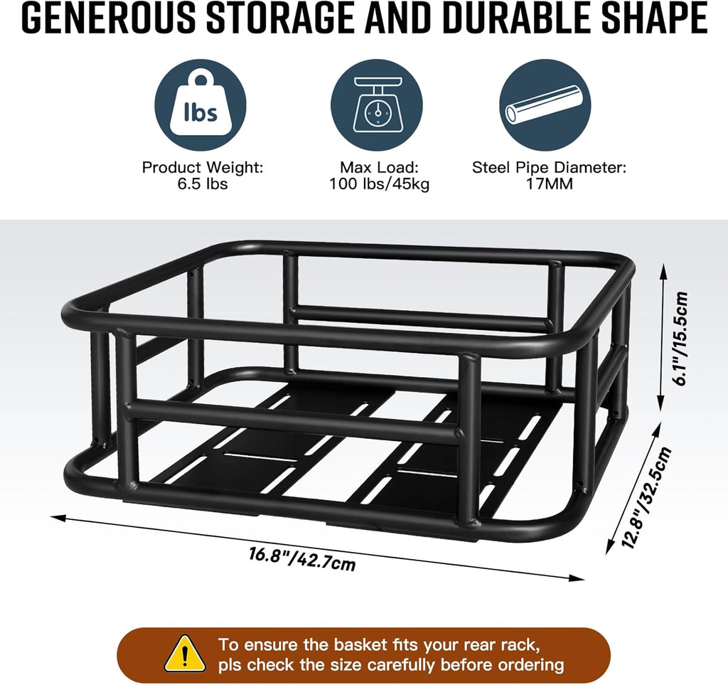 RAYMACE Bike Basket Rear Rack with Cargo Net, Liner and Waterproof Cover,Heavy Duty Bicycle Basket Perfect for Electric Bike