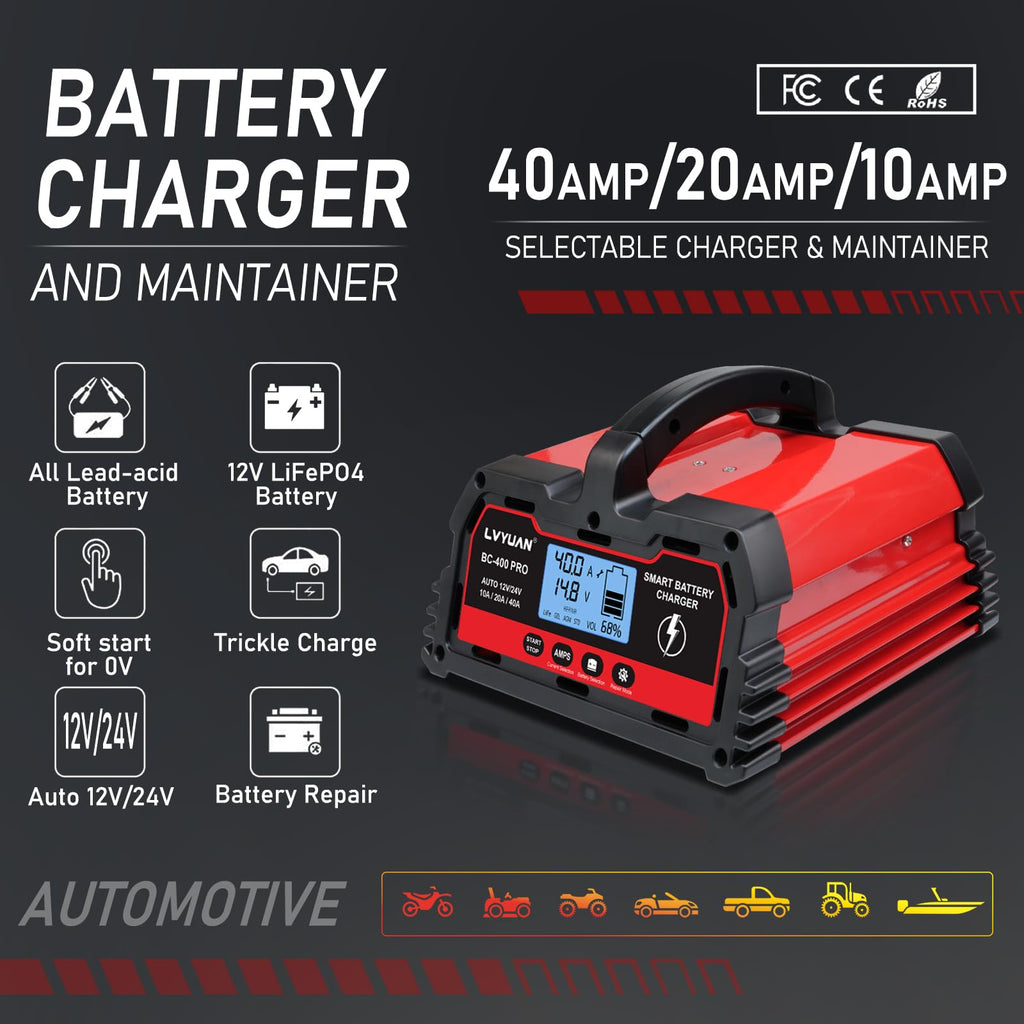 LVYUAN 25Amp Smart Car Battery Charger, 12V/24V Automotive Charger, Lead-Acid Battery, LiFePO4 Battery Maintainer with LCD Display, Trickle Charger, for Lawn Mower, Motorcycle, AGM, STD, Gel, EFB,etc