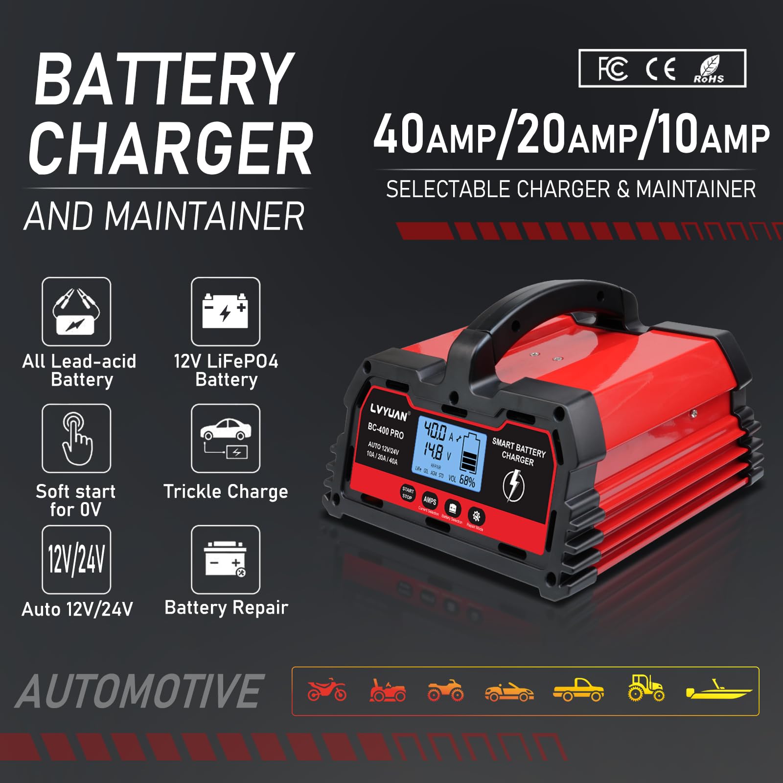 LVYUAN 25Amp Smart Car Battery Charger, 12V/24V Automotive Charger, Lead-Acid Battery, LiFePO4 Battery Maintainer with LCD Display, Trickle Charger, for Lawn Mower, Motorcycle, AGM, STD, Gel, EFB,etc