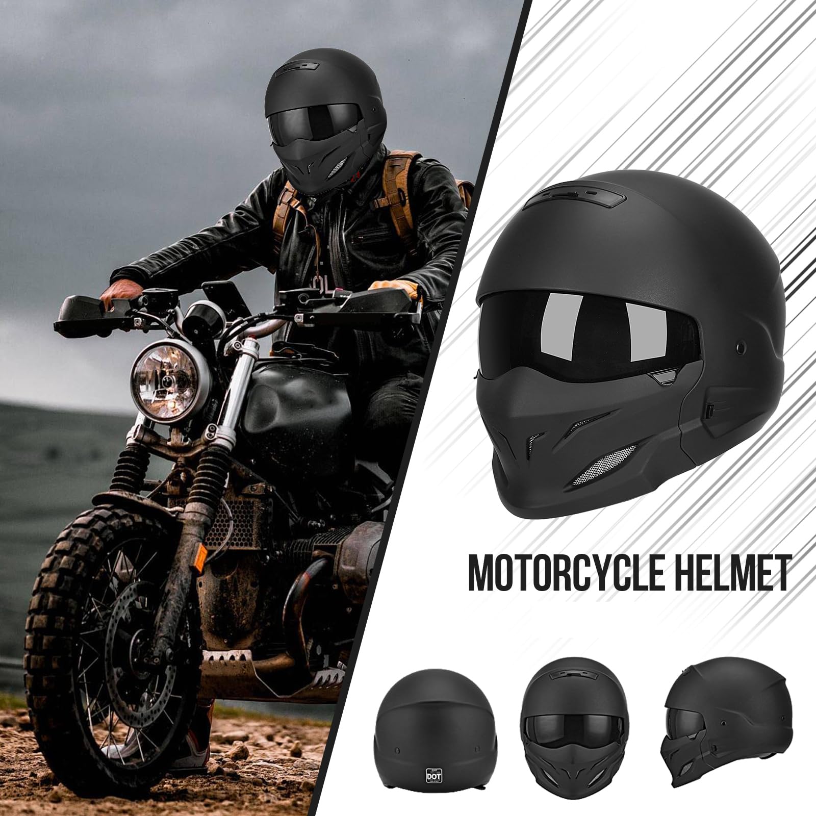 Full Face Motorcycle Helmet for Unisex-Adult Dirt Bike ATV Scooter Cruiser 3/4 Face Motocross Helmet Interchangeable Mouth Cover DOT Approved