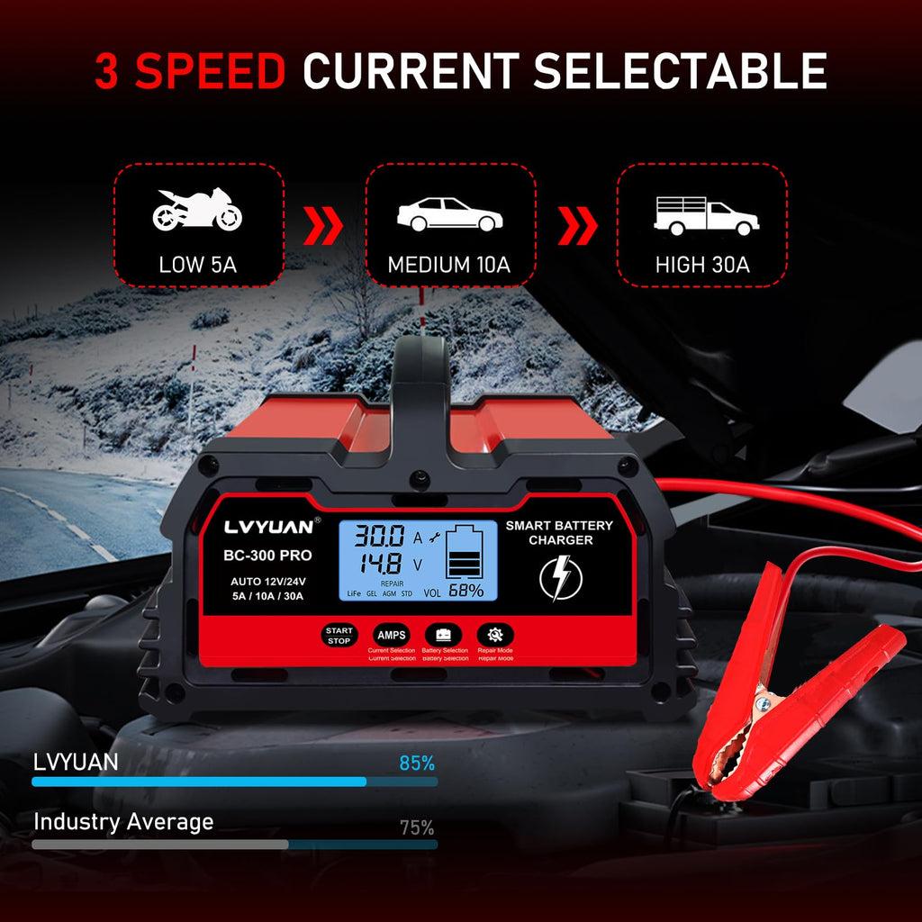 LVYUAN 25Amp Smart Car Battery Charger, 12V/24V Automotive Charger, Lead-Acid Battery, LiFePO4 Battery Maintainer with LCD Display, Trickle Charger, for Lawn Mower, Motorcycle, AGM, STD, Gel, EFB,etc