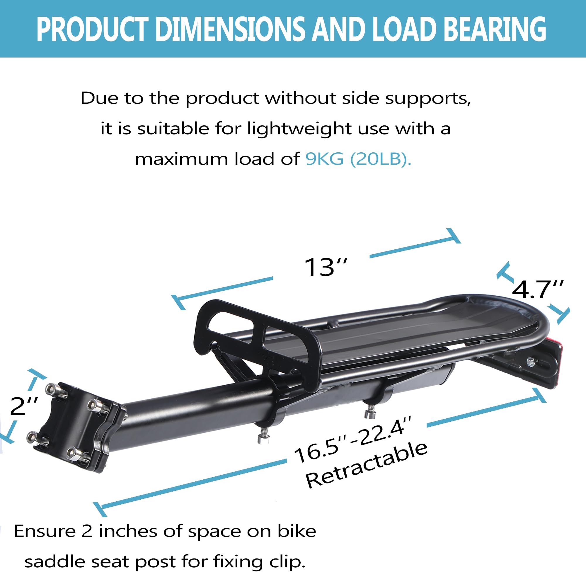 Rear Bike Rack,Bike Cargo Rack,Aluminum Alloy,Large Size Reflective,Retractable,Universal