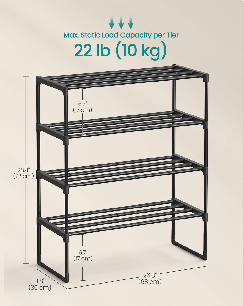 SONGMICS Shoe Rack, 3-Tier Shoe Organizer, Metal Storage Shelf, Upright or Upside Down, for 16-20 Pairs, Stackable, for Entryway, 11.8 x 36.2 x 21.7 Inches, Black ULSA303B02