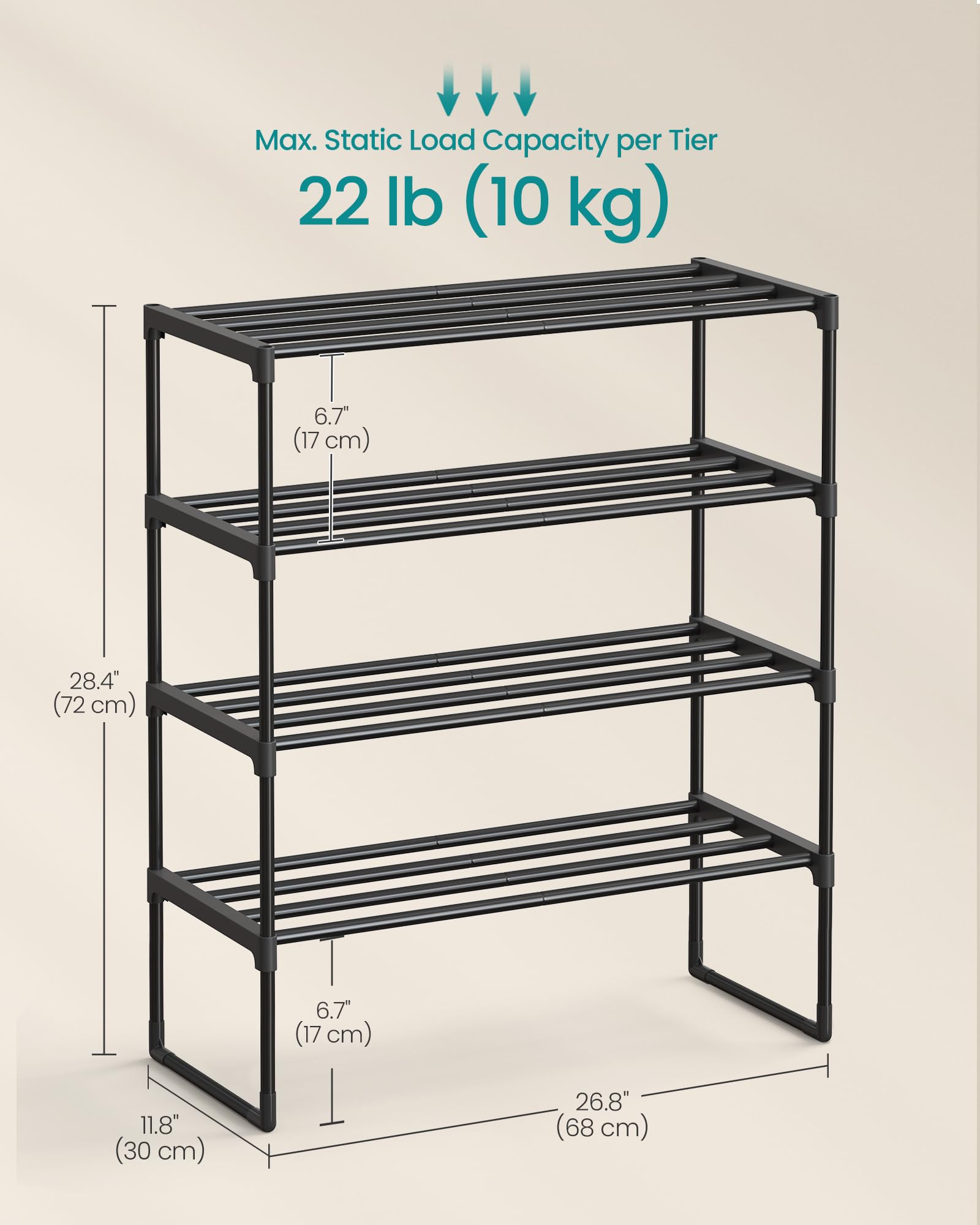 SONGMICS Shoe Rack, 3-Tier Shoe Organizer, Metal Storage Shelf, Upright or Upside Down, for 16-20 Pairs, Stackable, for Entryway, 11.8 x 36.2 x 21.7 Inches, Black ULSA303B02