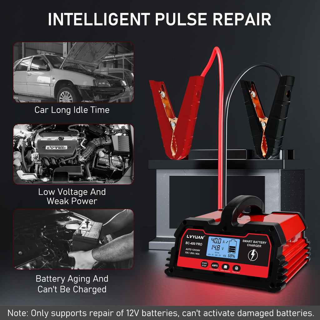 LVYUAN 25Amp Smart Car Battery Charger, 12V/24V Automotive Charger, Lead-Acid Battery, LiFePO4 Battery Maintainer with LCD Display, Trickle Charger, for Lawn Mower, Motorcycle, AGM, STD, Gel, EFB,etc
