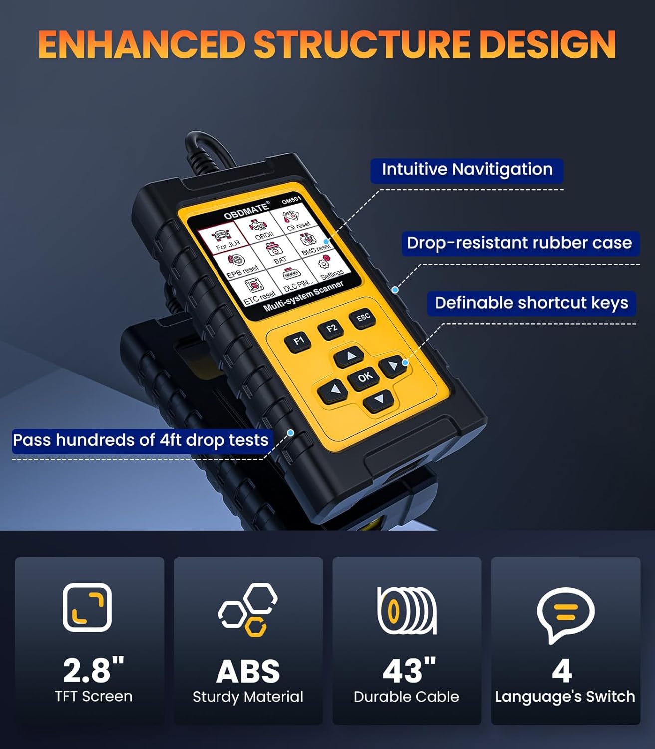 OBD2 Scanner for Jaguar/Land/Rover, OM501 All Systems Diagnostic Tool with 15+ Resets (Oil/ETC/EPB/ABS/SAS/BAT Register...), Full OBDII Functions Read&Erase Fault Codes, Free Software Update