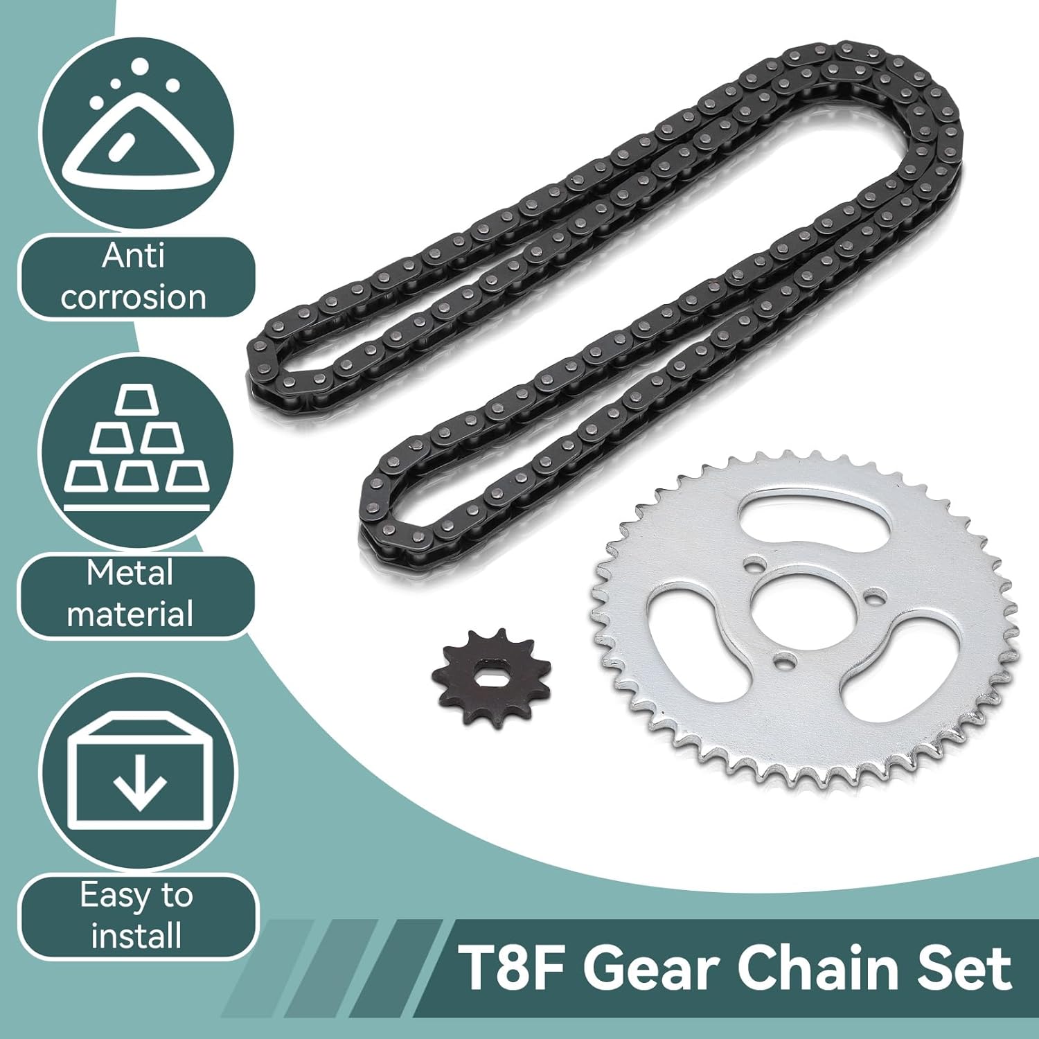 Chain Sprocket Kit, T8F Front and Rear Sprocket Chain Replacement High Power Steel T8F Gear Chain Set for Modified Karts ATVs and Mini Motorcycles