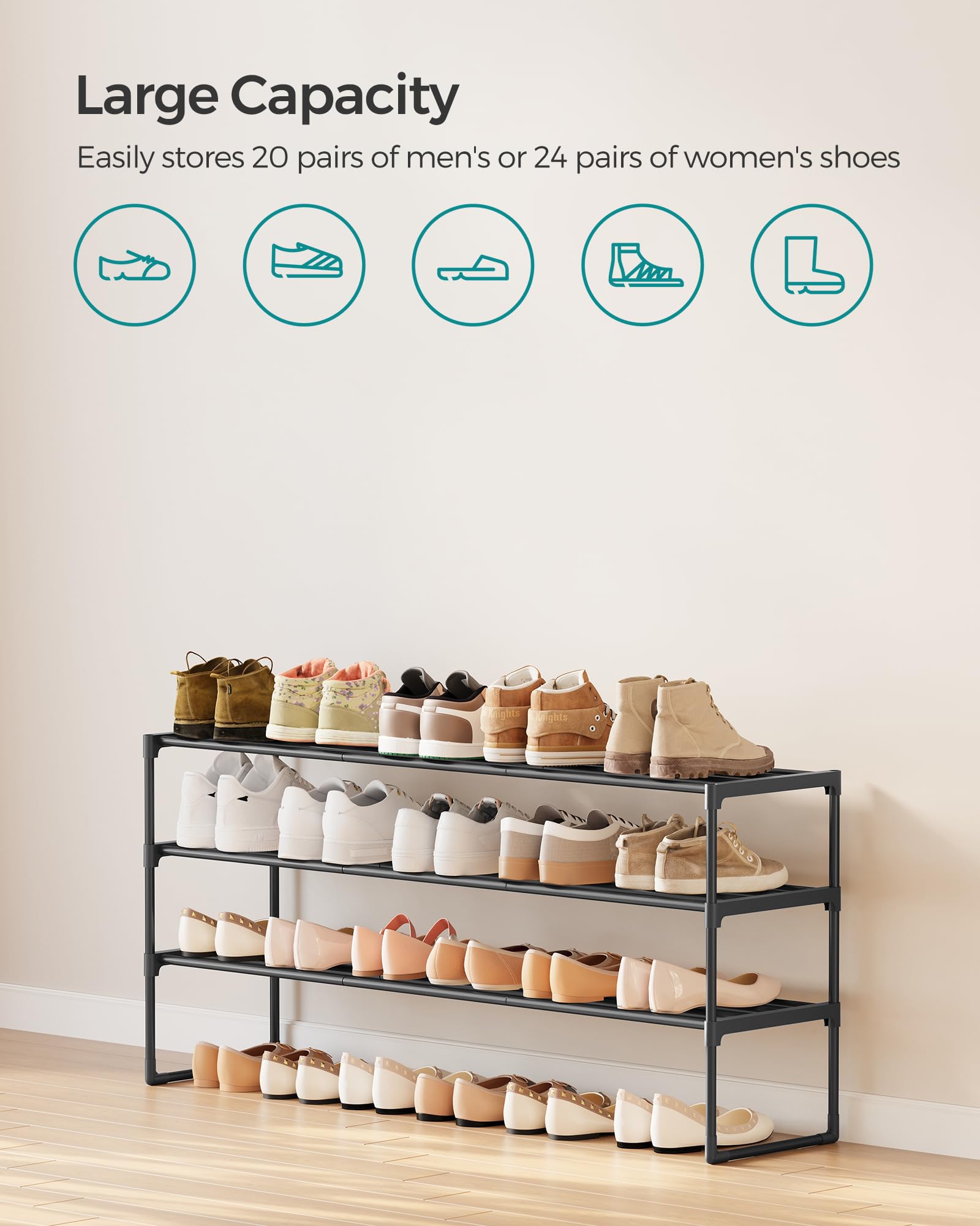 SONGMICS Shoe Rack, 3-Tier Shoe Organizer, Metal Storage Shelf, Upright or Upside Down, for 16-20 Pairs, Stackable, for Entryway, 11.8 x 36.2 x 21.7 Inches, Black ULSA303B02