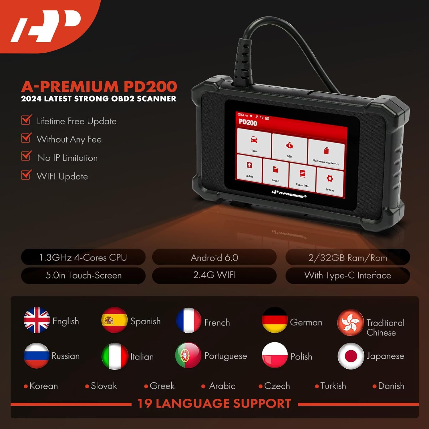 A-Premium 2025 PD200 Enhanced 4 System OBD2 Scanner Diagnostic Tool, All Function Check Engine Code Reader Scan Tool, for Engine/ABS/SRS/Transmission System, 8 Reset, Free Online Update