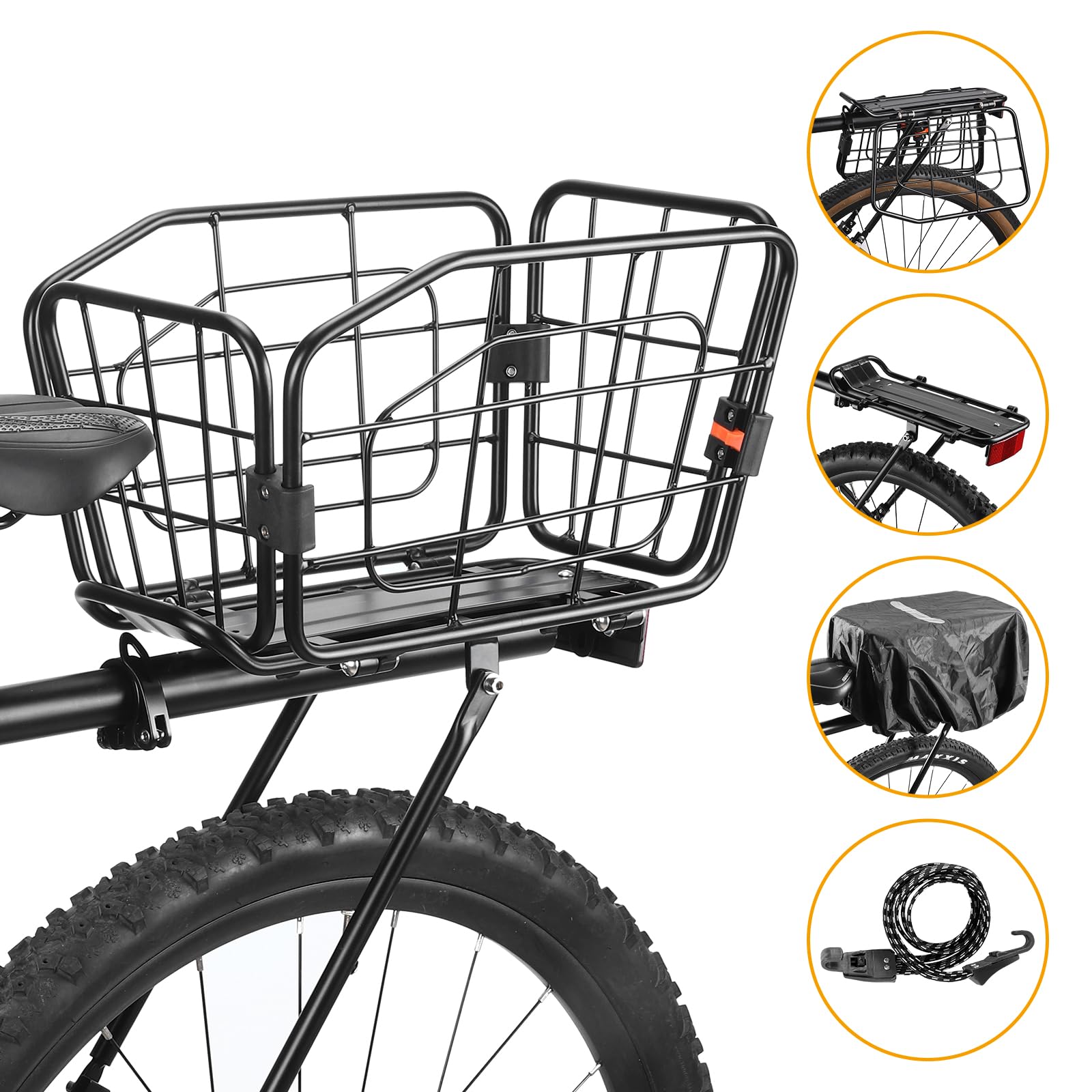 Rear Bike Rack with Basket, 165 LB Load - Aluminum Alloy Cargo Rack for Back of Bike with Free Bungee Cord & Waterproof Cover & Installation Tool