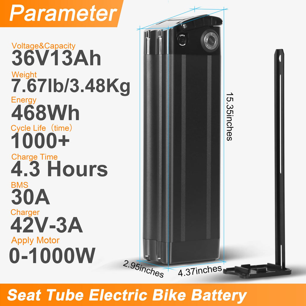 36V 48V E Bike Lithium Battery, Silver Fish Lithium-ion Battery with 30A BMS for 250W/350W/500/750/900/1000W Motors, Safe Lock, Led Indicator Light for Controller (48V 15AH)