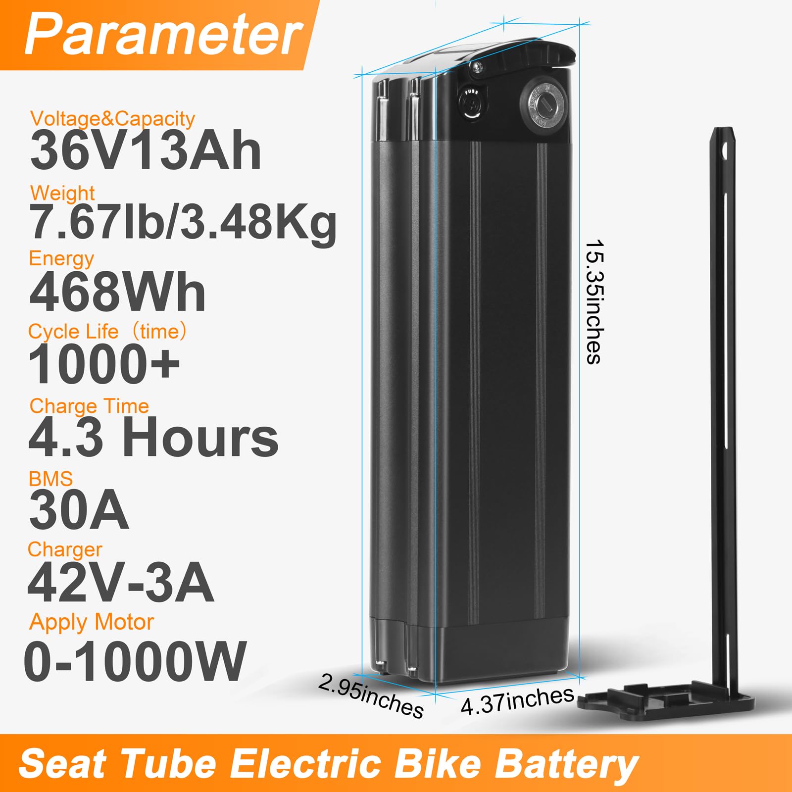 36V 48V E Bike Lithium Battery, Silver Fish Lithium-ion Battery with 30A BMS for 250W/350W/500/750/900/1000W Motors, Safe Lock, Led Indicator Light for Controller (48V 15AH)