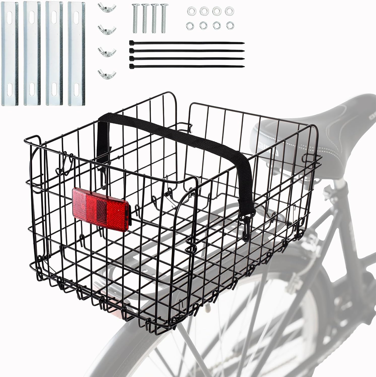 Suwimut Folding Rear Bike Basket, Quickly Release Metal Wire Bicycle Basket Cargo Rack with Strap & Reflective Tail Light for Most Mounted Bike Rack, Adult Women Men Carrying Dogs, Pets, Grocery