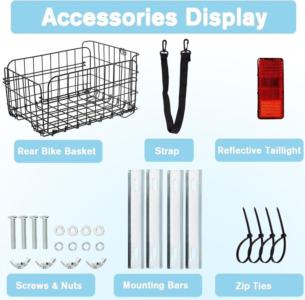 Suwimut Folding Rear Bike Basket, Quickly Release Metal Wire Bicycle Basket Cargo Rack with Strap & Reflective Tail Light for Most Mounted Bike Rack, Adult Women Men Carrying Dogs, Pets, Grocery