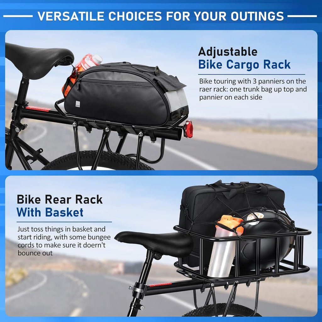 Upgraded Rear Bike Rack with Basket, Removable Adjustable Bike Basket Rear with Liner,Waterproof Cover,Cargo Net, Heavy Duty Bicycle Rear Basket for Most Bikes and E-Bike