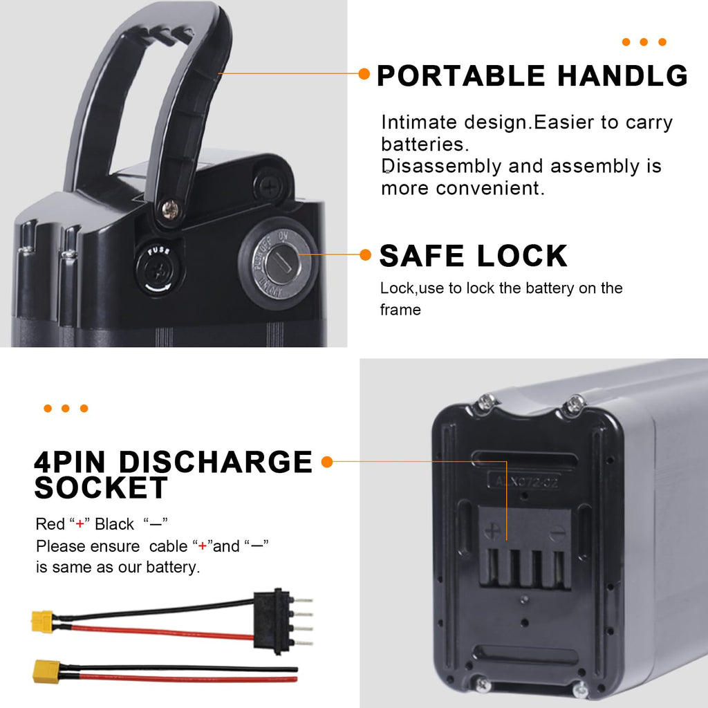 36V 48V E Bike Lithium Battery, Silver Fish Lithium-ion Battery with 30A BMS for 250W/350W/500/750/900/1000W Motors, Safe Lock, Led Indicator Light for Controller (48V 15AH)