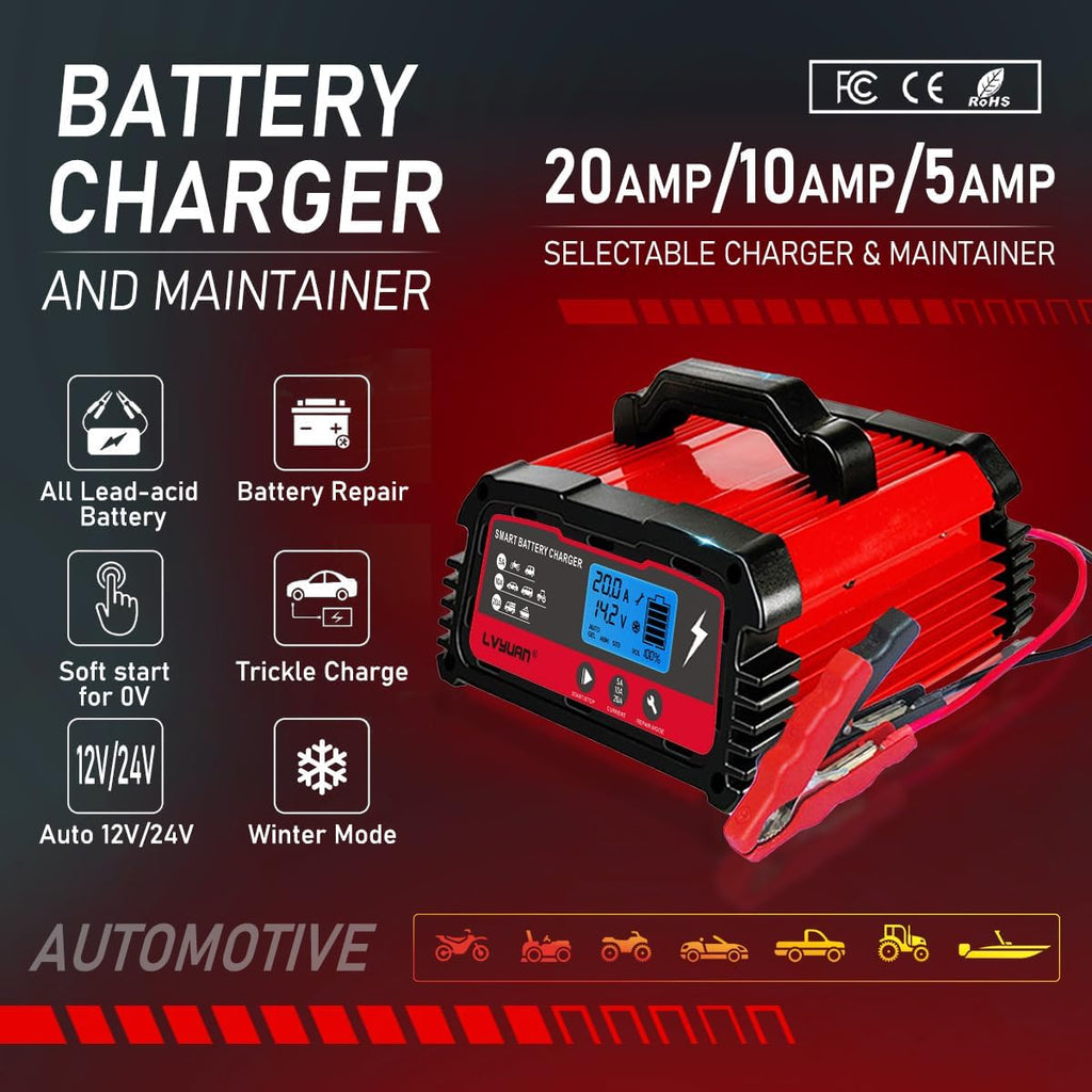 LVYUAN 25Amp Smart Car Battery Charger, 12V/24V Automotive Charger, Lead-Acid Battery, LiFePO4 Battery Maintainer with LCD Display, Trickle Charger, for Lawn Mower, Motorcycle, AGM, STD, Gel, EFB,etc