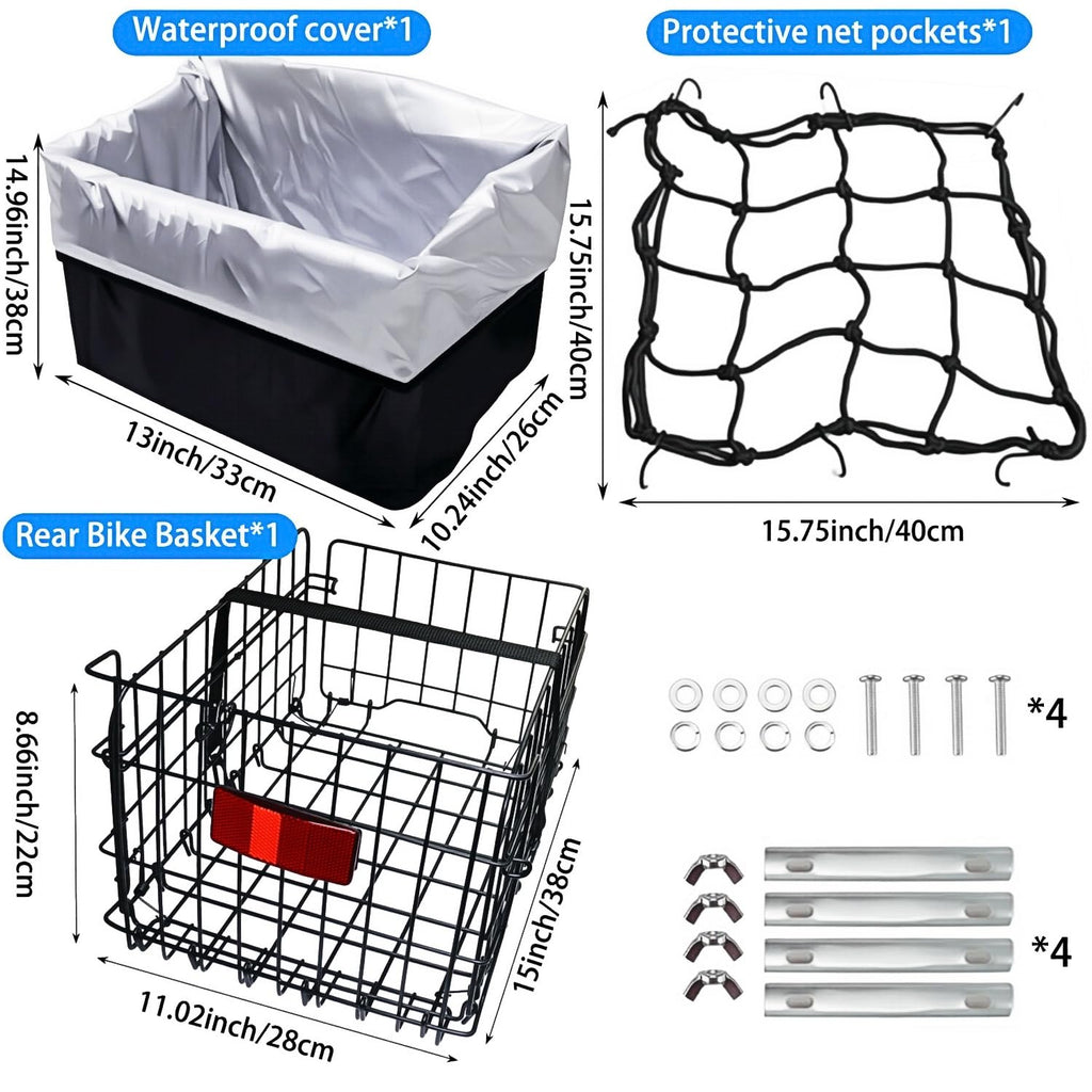 Folding Rear Bike Basket, Huntoshon Quickly Release Metal Bicycle Rack Cargo Basket with Strap & Reflective Tail Light for Most Mounted Bike Rack