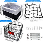 Folding Rear Bike Basket, Huntoshon Quickly Release Metal Bicycle Rack Cargo Basket with Strap & Reflective Tail Light for Most Mounted Bike Rack