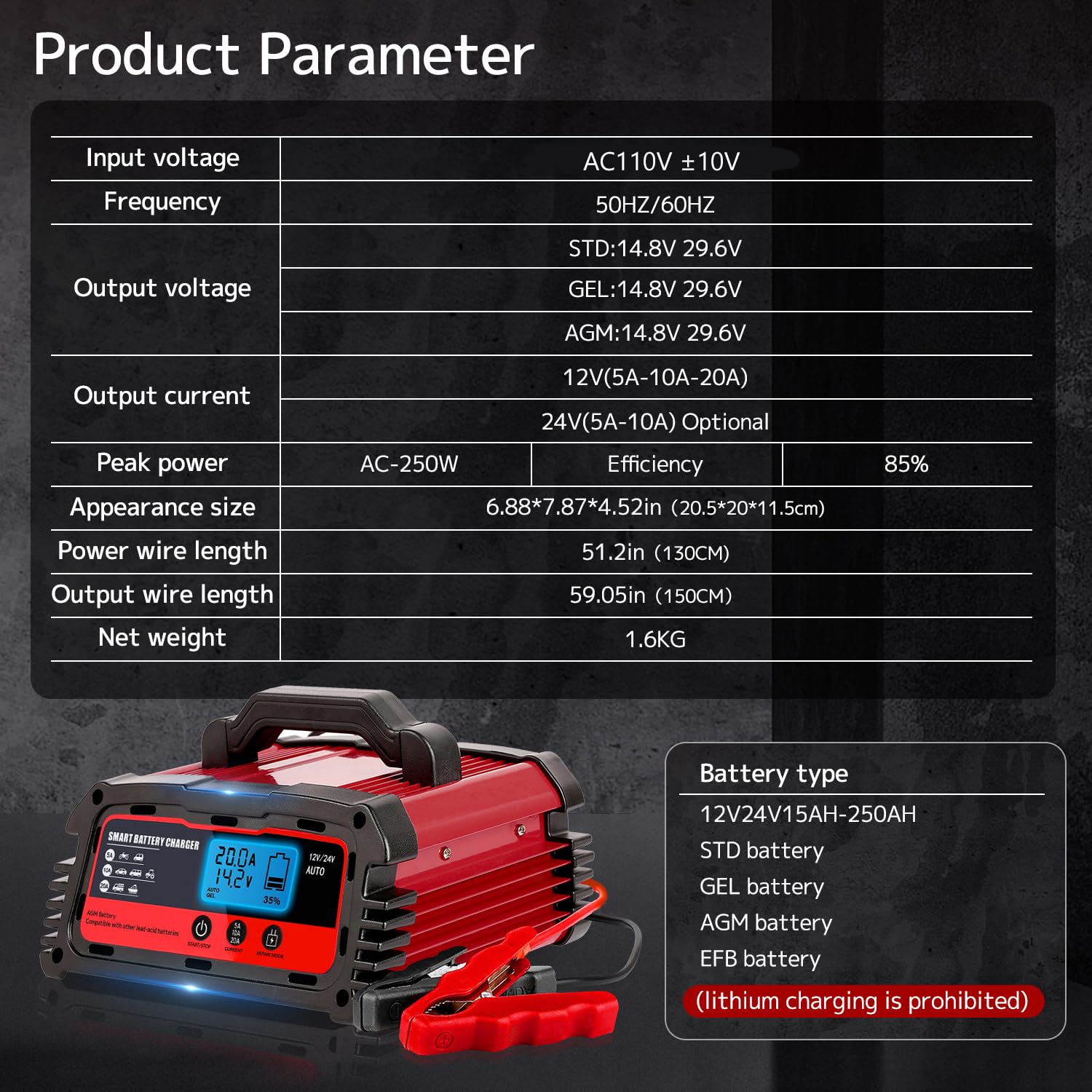 LVYUAN 25Amp Smart Car Battery Charger, 12V/24V Automotive Charger, Lead-Acid Battery, LiFePO4 Battery Maintainer with LCD Display, Trickle Charger, for Lawn Mower, Motorcycle, AGM, STD, Gel, EFB,etc