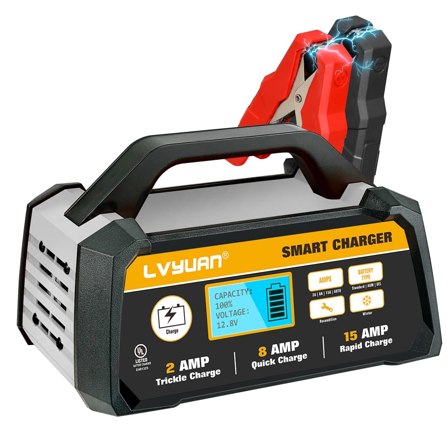 LVYUAN 25Amp Smart Car Battery Charger, 12V/24V Automotive Charger, Lead-Acid Battery, LiFePO4 Battery Maintainer with LCD Display, Trickle Charger, for Lawn Mower, Motorcycle, AGM, STD, Gel, EFB,etc