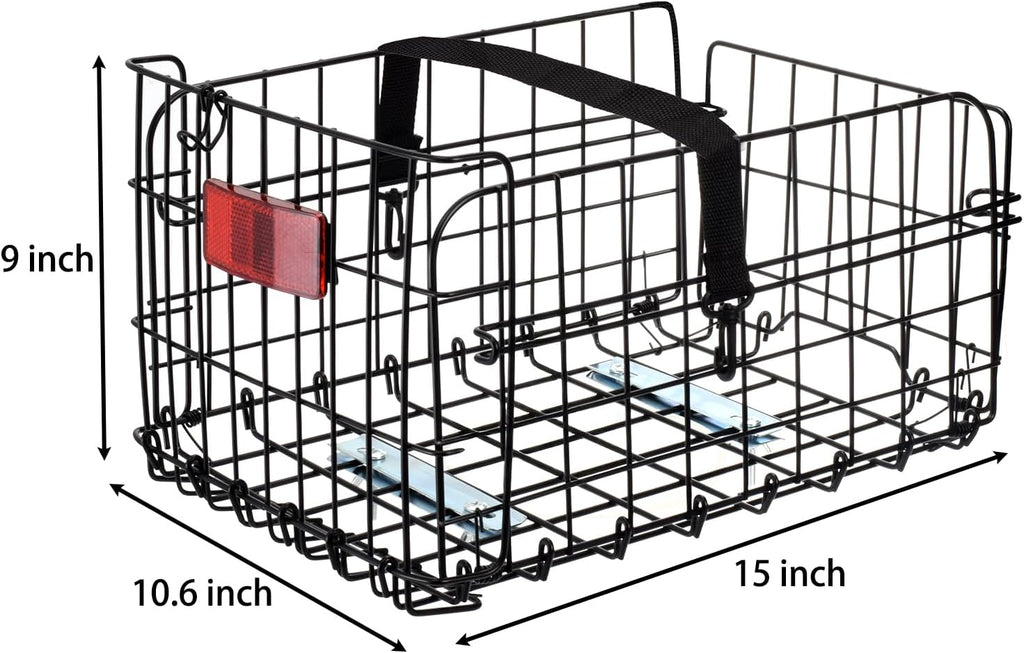 Suwimut Folding Rear Bike Basket, Quickly Release Metal Wire Bicycle Basket Cargo Rack with Strap & Reflective Tail Light for Most Mounted Bike Rack, Adult Women Men Carrying Dogs, Pets, Grocery