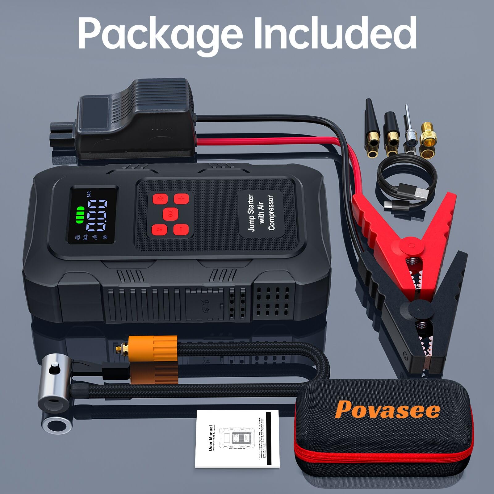 Povasee Jump Starter 5000A Car Jumper Starter, Model A30 12V Jump Box for Car Battery up to 10L Gas or 8L Diesel Engine Battery Jumper Starter Portable with Power Bank/Dual Output/LED Light