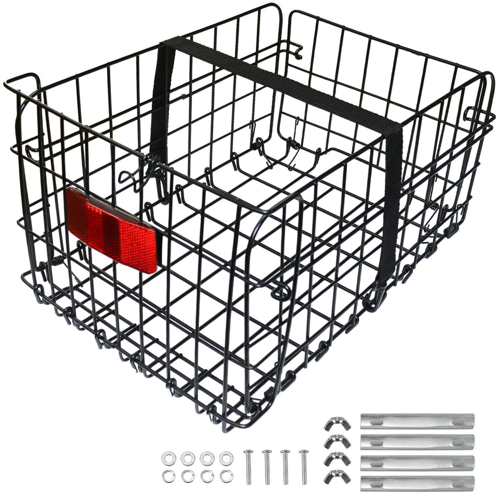 Folding Rear Bike Basket, Huntoshon Quickly Release Metal Bicycle Rack Cargo Basket with Strap & Reflective Tail Light for Most Mounted Bike Rack
