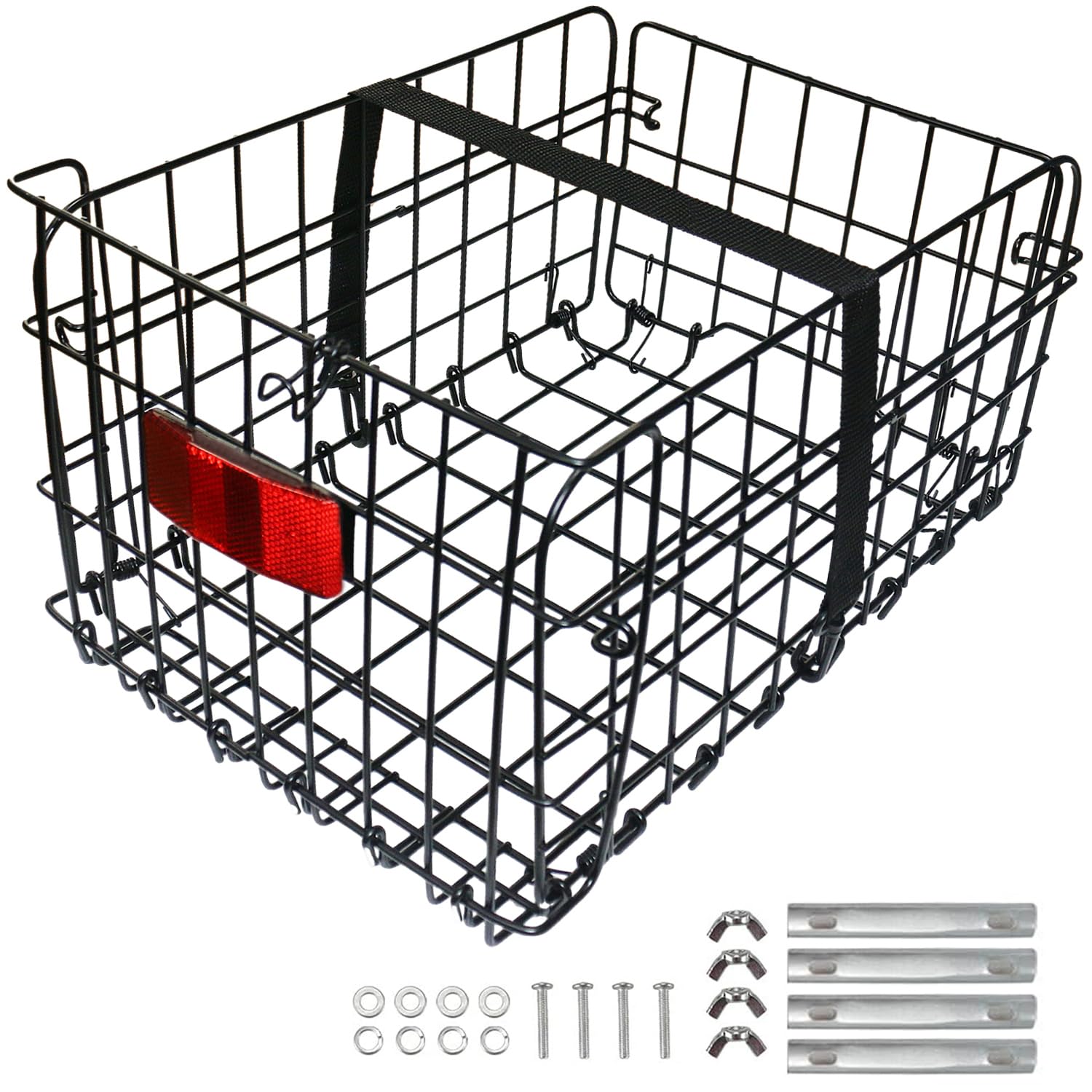 Folding Rear Bike Basket, Huntoshon Quickly Release Metal Bicycle Rack Cargo Basket with Strap & Reflective Tail Light for Most Mounted Bike Rack
