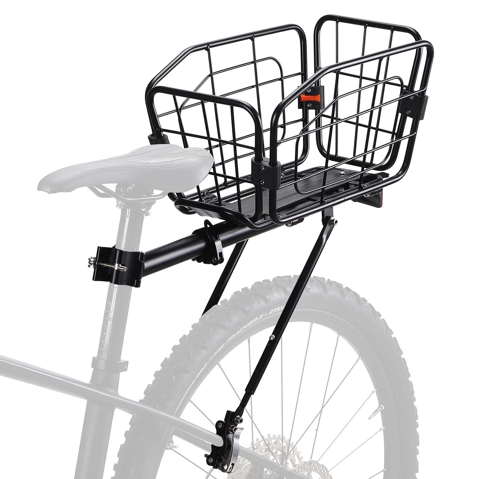 Rear Bike Rack with Basket, 165 LB Load - Aluminum Alloy Cargo Rack for Back of Bike with Free Bungee Cord & Waterproof Cover & Installation Tool