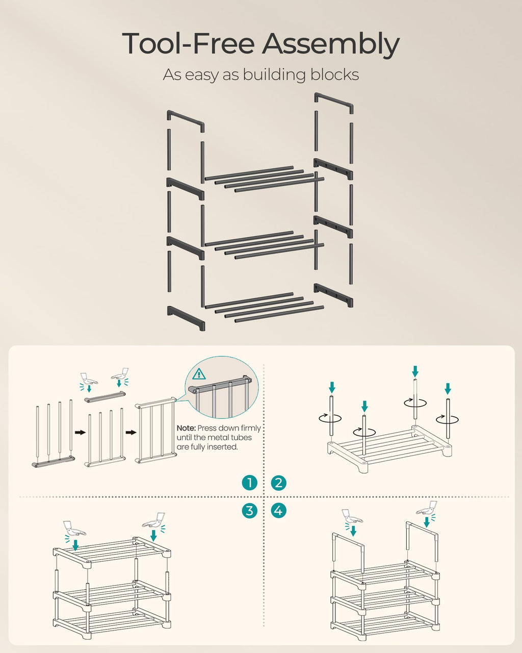 SONGMICS Shoe Rack, 3-Tier Shoe Organizer, Metal Storage Shelf, Upright or Upside Down, for 16-20 Pairs, Stackable, for Entryway, 11.8 x 36.2 x 21.7 Inches, Black ULSA303B02