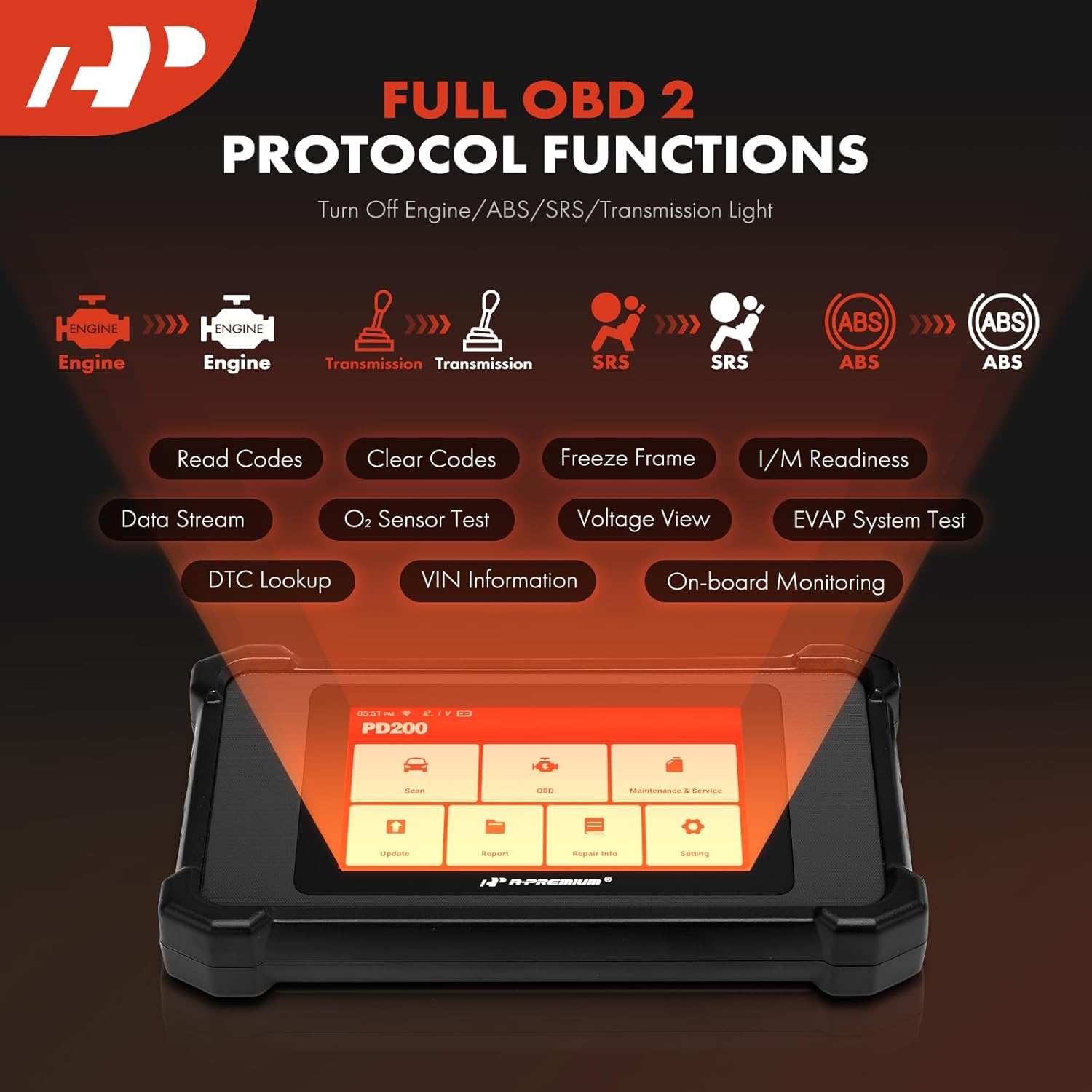 A-Premium 2025 PD200 Enhanced 4 System OBD2 Scanner Diagnostic Tool, All Function Check Engine Code Reader Scan Tool, for Engine/ABS/SRS/Transmission System, 8 Reset, Free Online Update