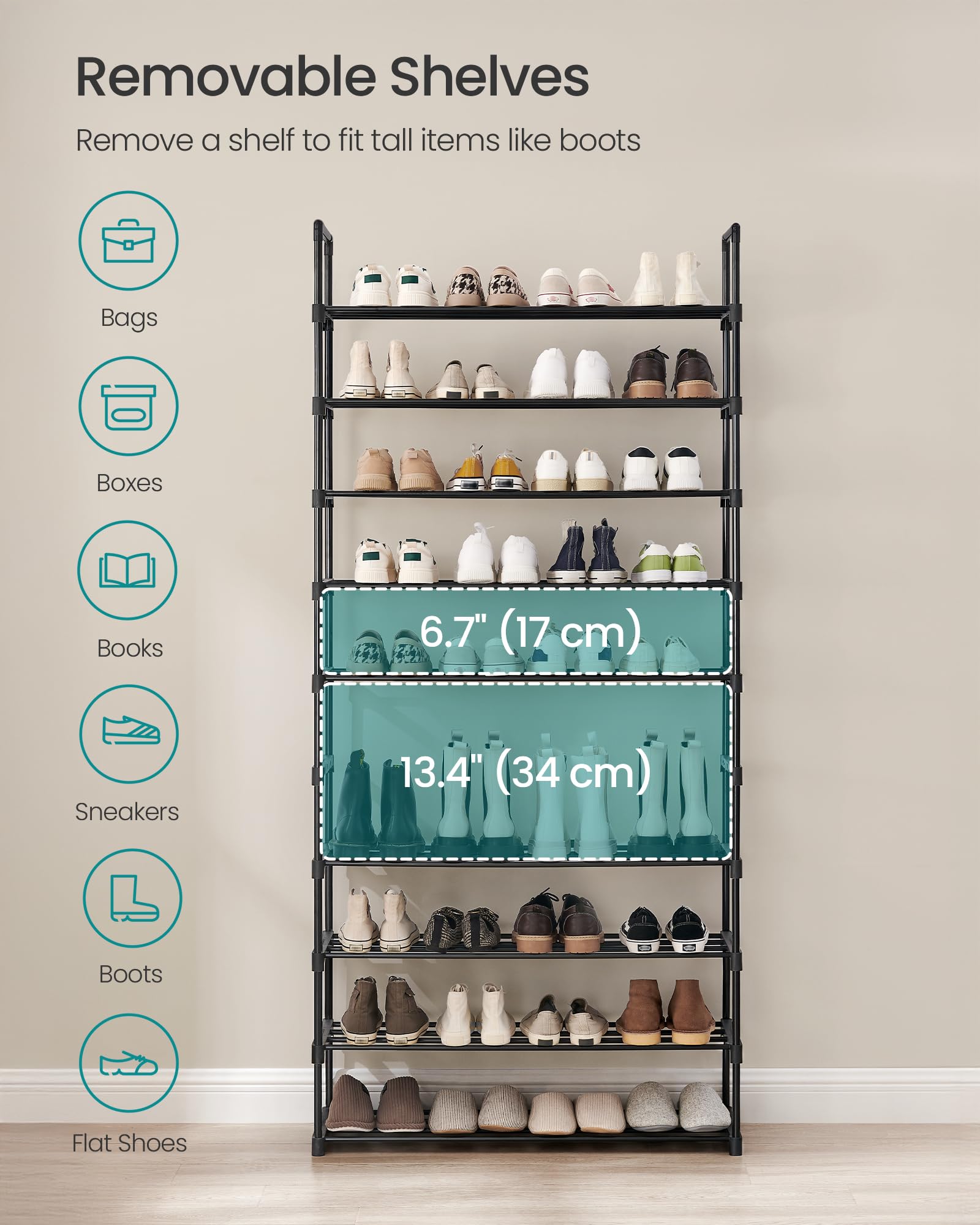 SONGMICS Shoe Rack, 3-Tier Shoe Organizer, Metal Storage Shelf, Upright or Upside Down, for 16-20 Pairs, Stackable, for Entryway, 11.8 x 36.2 x 21.7 Inches, Black ULSA303B02