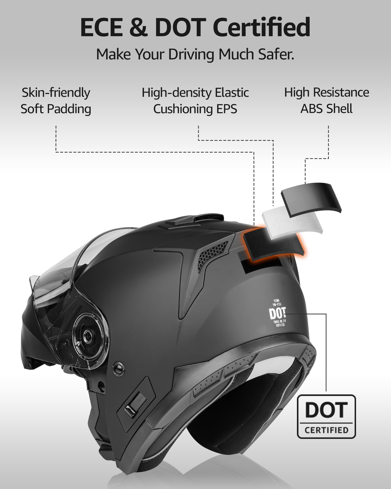 YEMA Modular Motorcycle Helmets, DOT Approved Full Face Motorcycle Helmet with Flip Up Dual Visor, Helmets for Adults Men Women Helmets for Street Scooter ATV E-Bike - YM-926