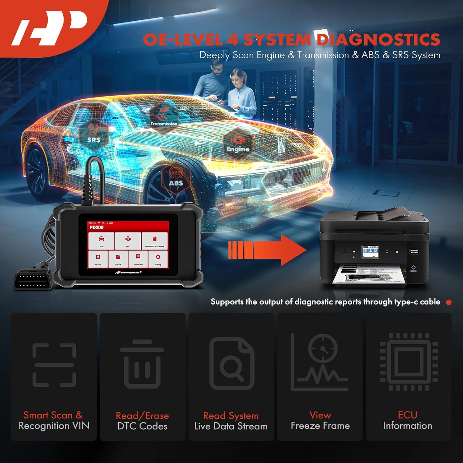 A-Premium 2025 PD200 Enhanced 4 System OBD2 Scanner Diagnostic Tool, All Function Check Engine Code Reader Scan Tool, for Engine/ABS/SRS/Transmission System, 8 Reset, Free Online Update
