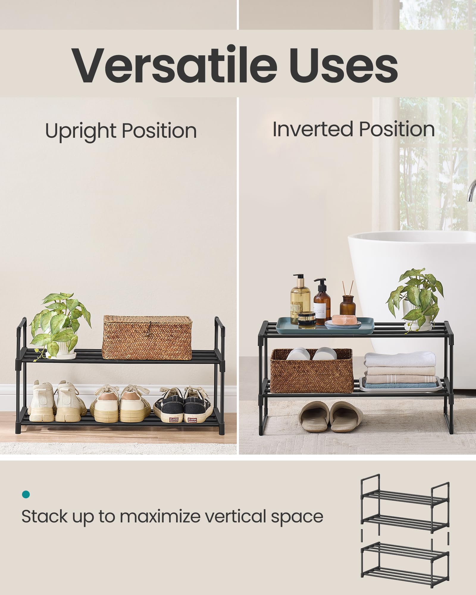 SONGMICS Shoe Rack, 3-Tier Shoe Organizer, Metal Storage Shelf, Upright or Upside Down, for 16-20 Pairs, Stackable, for Entryway, 11.8 x 36.2 x 21.7 Inches, Black ULSA303B02