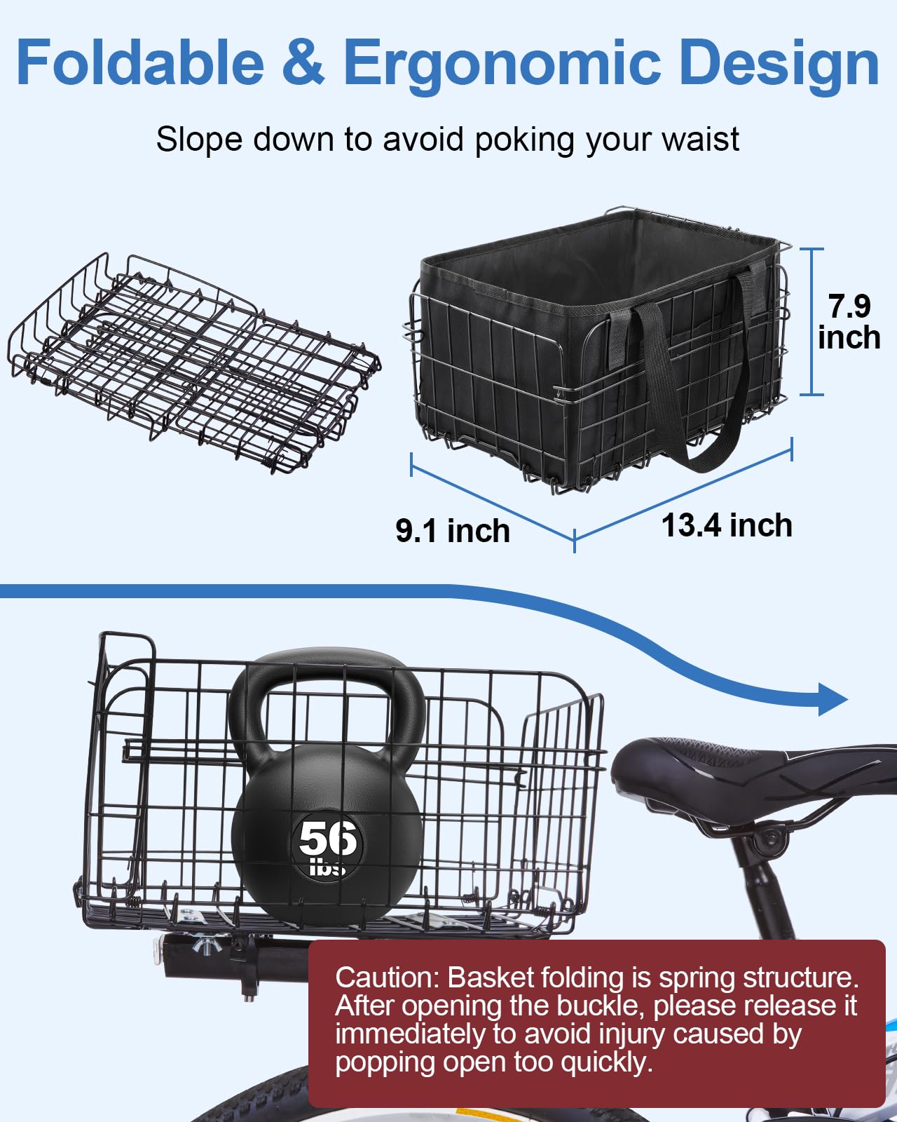 Zacro Bike Basket Rear, Folding Metal Bicycle Basket, Large Quick Release Design Rear Bike Basket, Ebike Basket for Adult Women/Men Carrying Dogs, Pets, Fruit & Grocery, Beige