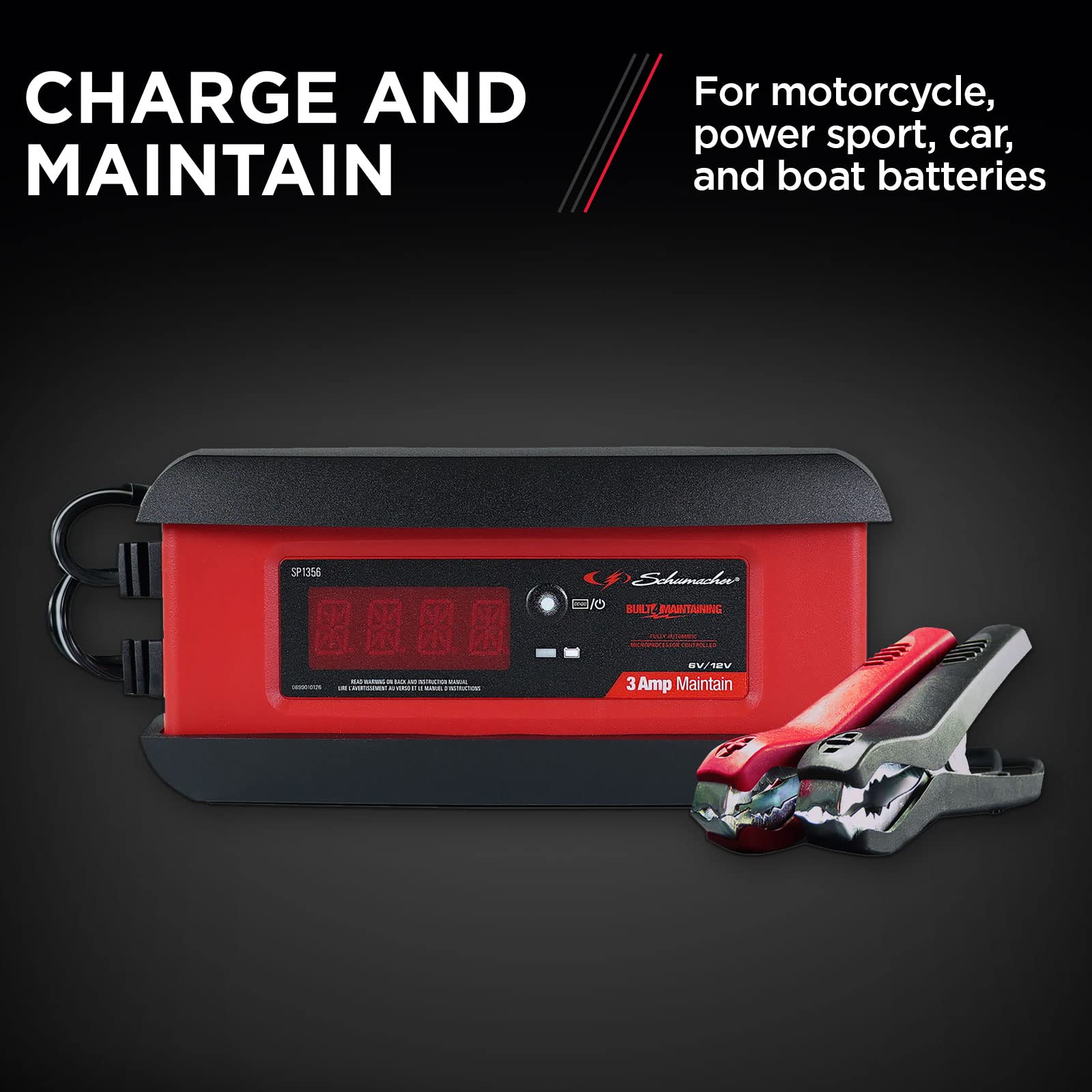 Schumacher Electric 3A Car Battery Charger and Maintainer, 3-in-1 Solution, For 6V/12V Power Sport, Automotive, and Marine Batteries, SP1356
