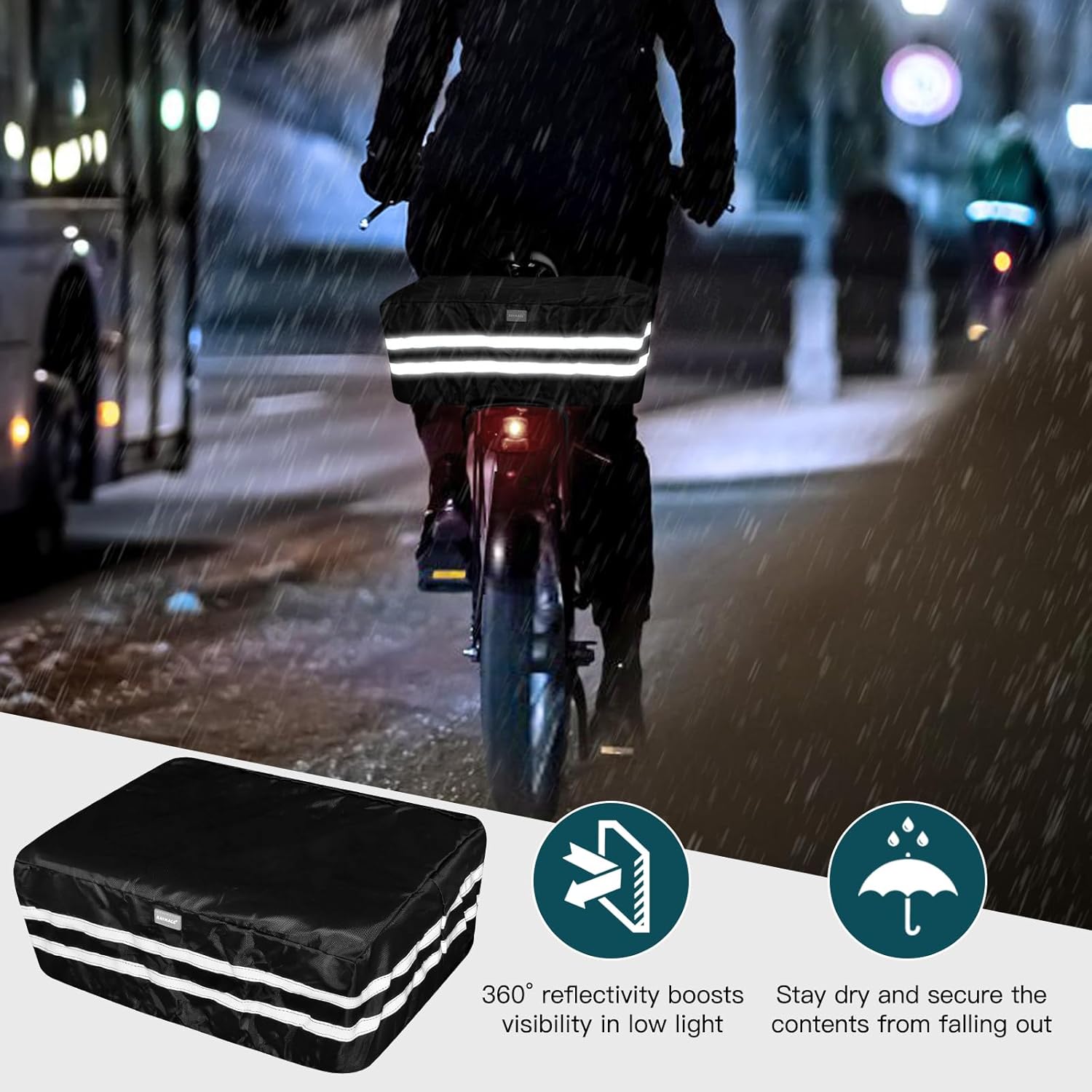 RAYMACE Bike Basket Rear Rack with Cargo Net, Liner and Waterproof Cover,Heavy Duty Bicycle Basket Perfect for Electric Bike