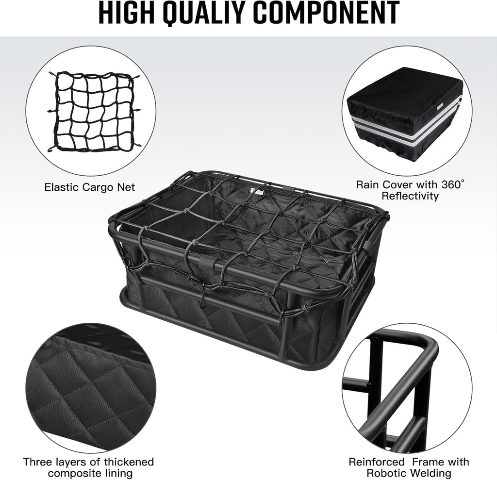 RAYMACE Bike Basket Rear Rack with Cargo Net, Liner and Waterproof Cover,Heavy Duty Bicycle Basket Perfect for Electric Bike