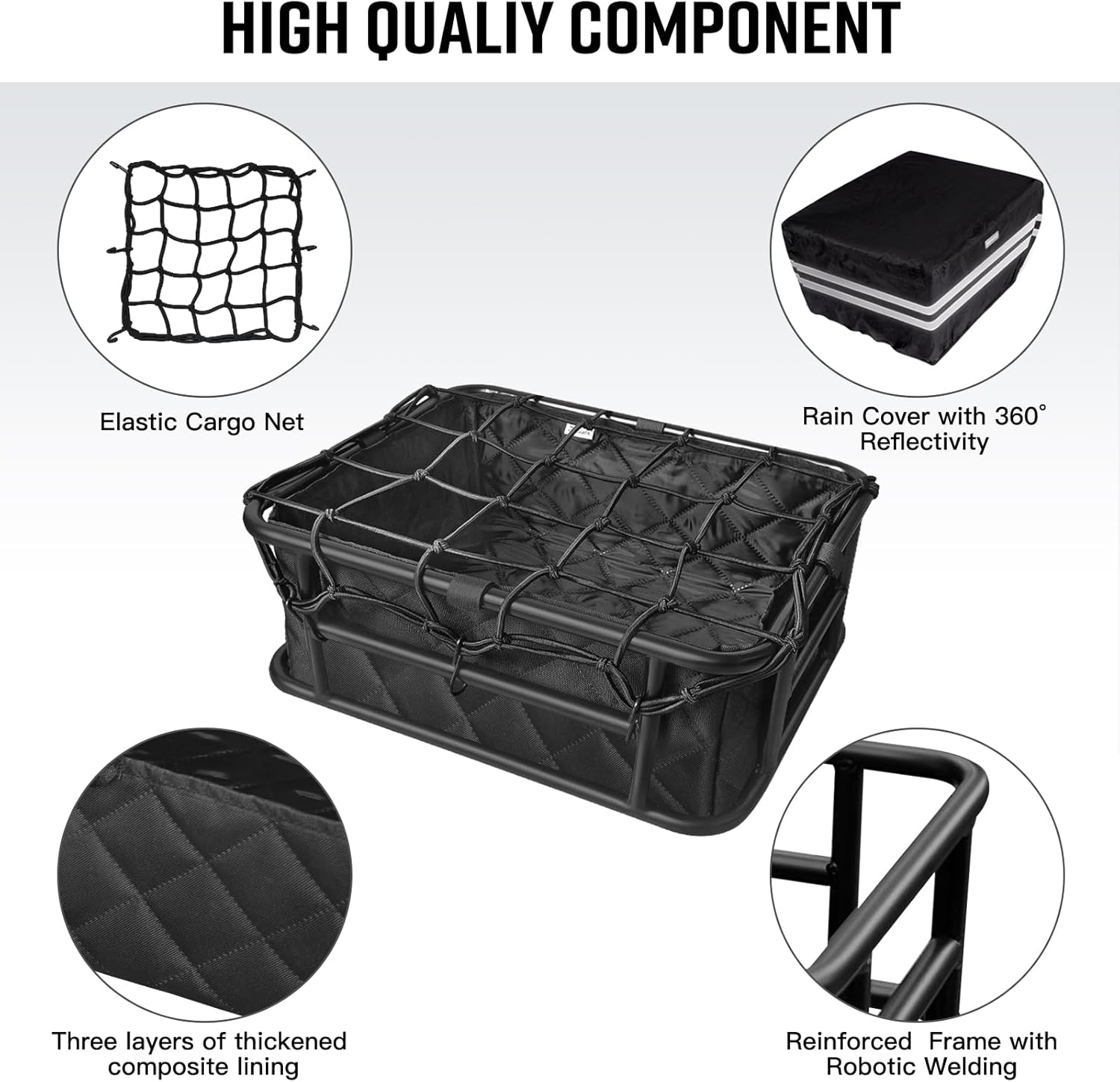 RAYMACE Bike Basket Rear Rack with Cargo Net, Liner and Waterproof Cover,Heavy Duty Bicycle Basket Perfect for Electric Bike