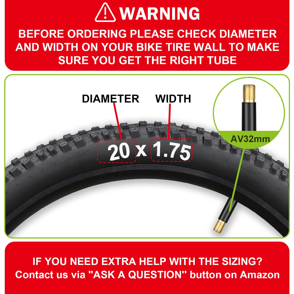 2 Pack 12"/14"/16"/18"/ 20"/ 22"/24"/ 26"/27.5"/28"/29" x1.75/1.95/2.10/2.125 Bicycle Tube with 2 Tire Levers, with 32mm AV Schrader Valve, Reliable Inner Tube for Kids/Road/MTB Bike (2 of One Size)