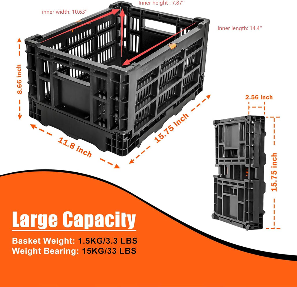 YEEGO DIRECT Bike Basket Rear, Folding Large Capacity Rear Bike Baskets, Collapsible Bicycle Storage Bike Milk Crate Rear Rack,Waterproof Cover for Shopping,Outings,Pets E-Bike Accessories (Black)