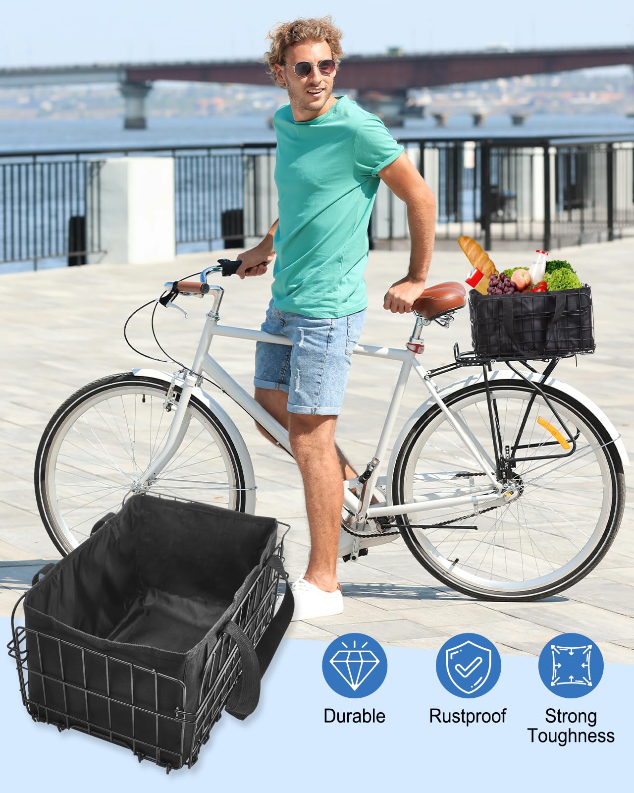 Zacro Bike Basket Rear, Folding Metal Bicycle Basket, Large Quick Release Design Rear Bike Basket, Ebike Basket for Adult Women/Men Carrying Dogs, Pets, Fruit & Grocery, Beige