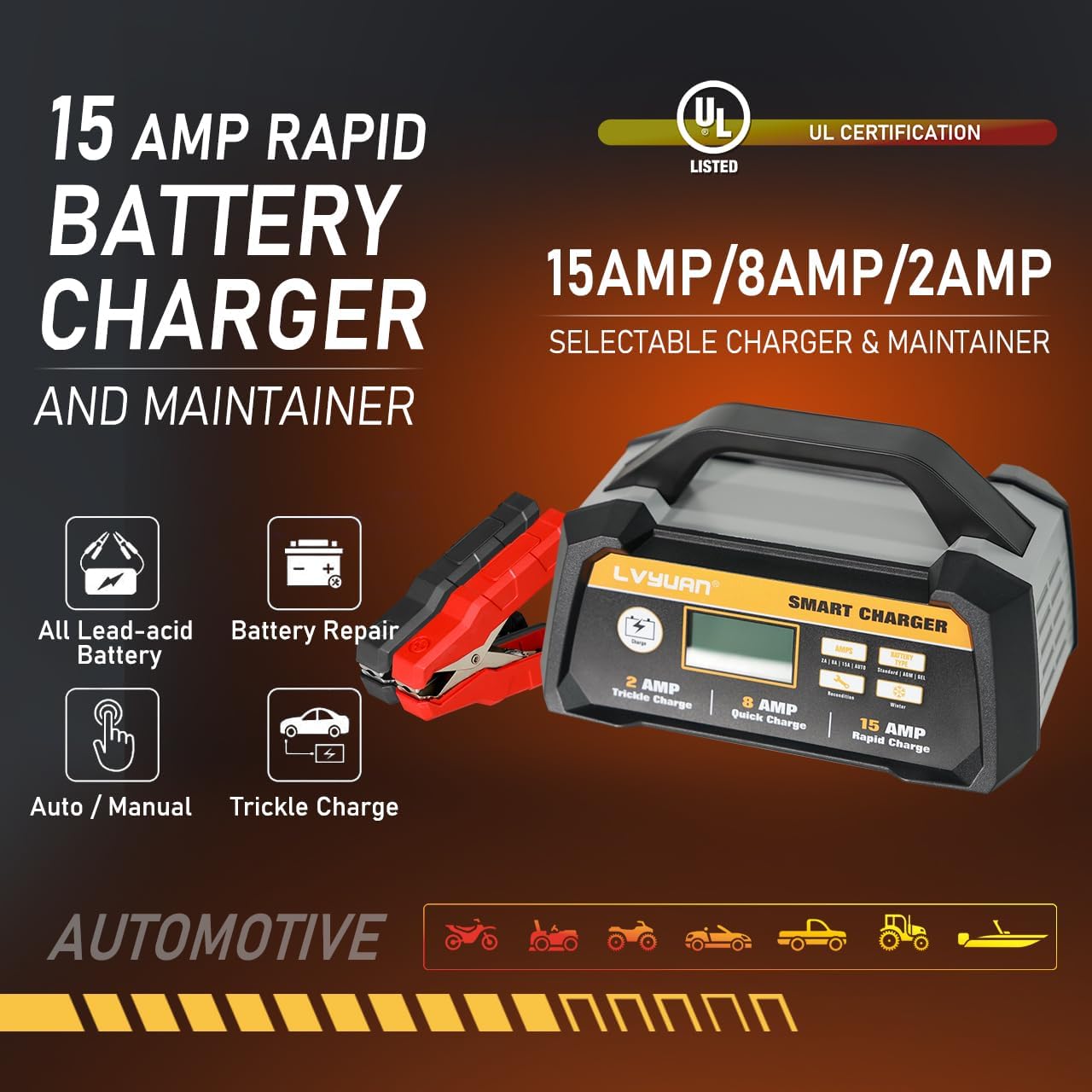 LVYUAN 25Amp Smart Car Battery Charger, 12V/24V Automotive Charger, Lead-Acid Battery, LiFePO4 Battery Maintainer with LCD Display, Trickle Charger, for Lawn Mower, Motorcycle, AGM, STD, Gel, EFB,etc
