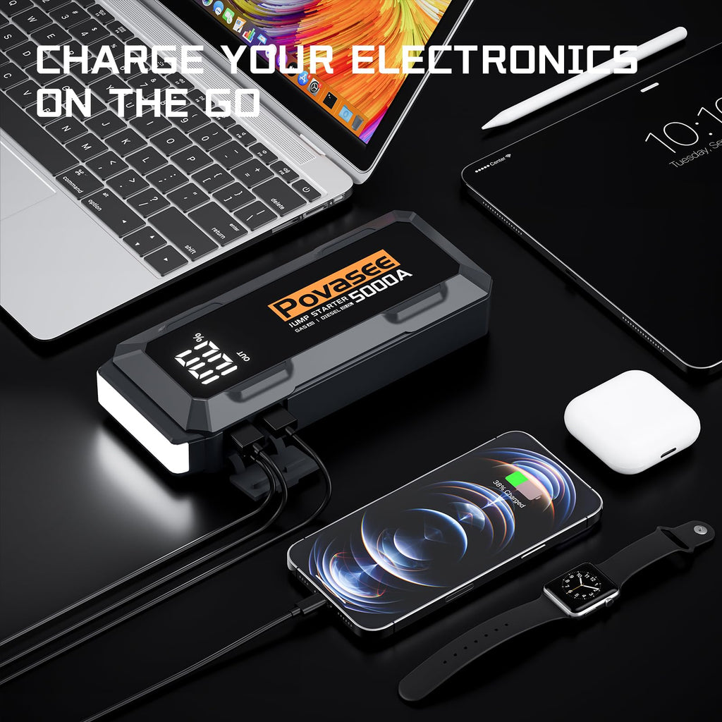 Povasee Jump Starter 5000A Car Jumper Starter, Model A30 12V Jump Box for Car Battery up to 10L Gas or 8L Diesel Engine Battery Jumper Starter Portable with Power Bank/Dual Output/LED Light