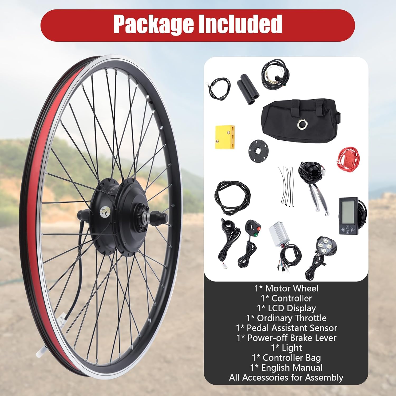 26" Electric Bike Conversion Kit, 350W 36V Front Wheel Motor E Bike Kit Hub Motor Bicycle BLDC Controller with LCD Display Controller PAS Brake Lever for 26 inch Bikes, 5 Speed Adjustable